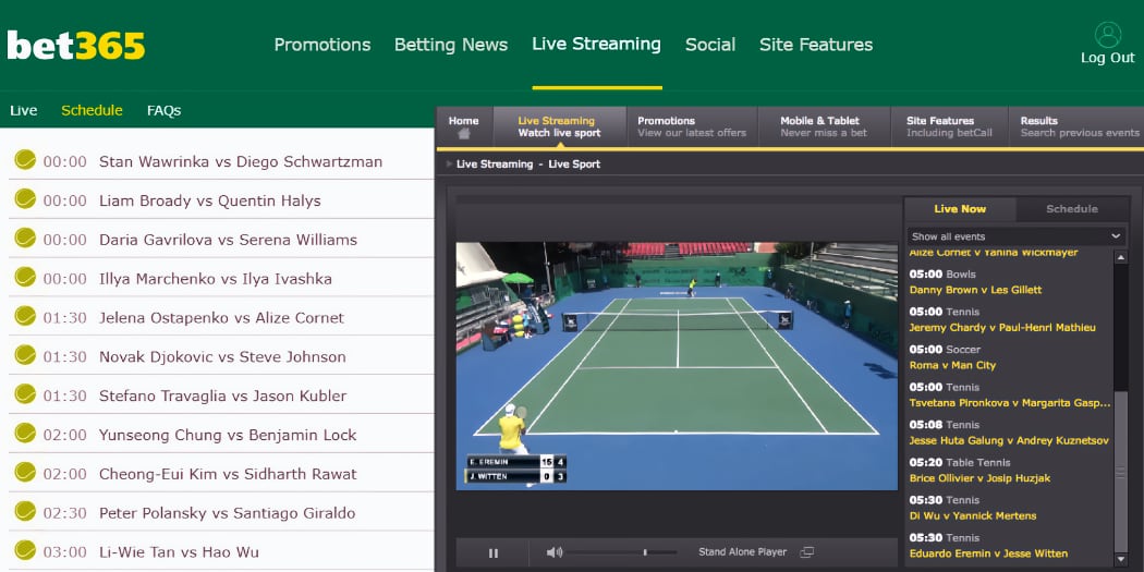 Where to find live tennis streaming on Bet365 website after login.